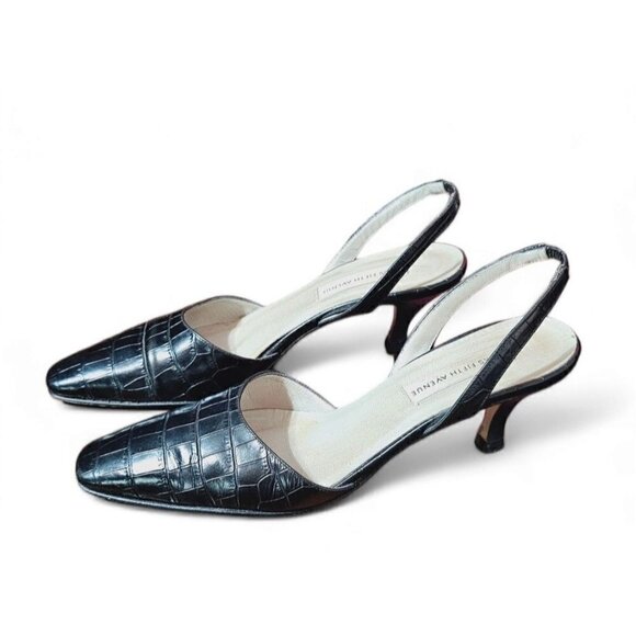 SAKS FIFTH AVENUE black leather square toe slingback 2.5" low heels size 8B - Picture 1 of 15